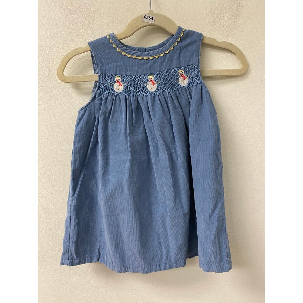 Baby Boden Blue Smocked Dress with White Snowman Embroidery